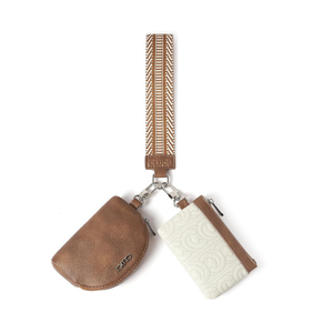 CLUCI Keychain Wallet for Women Leather Coin Purse Detachable Dual Pouch Wristlet Wallet Zipper Pocket Beige With Brown