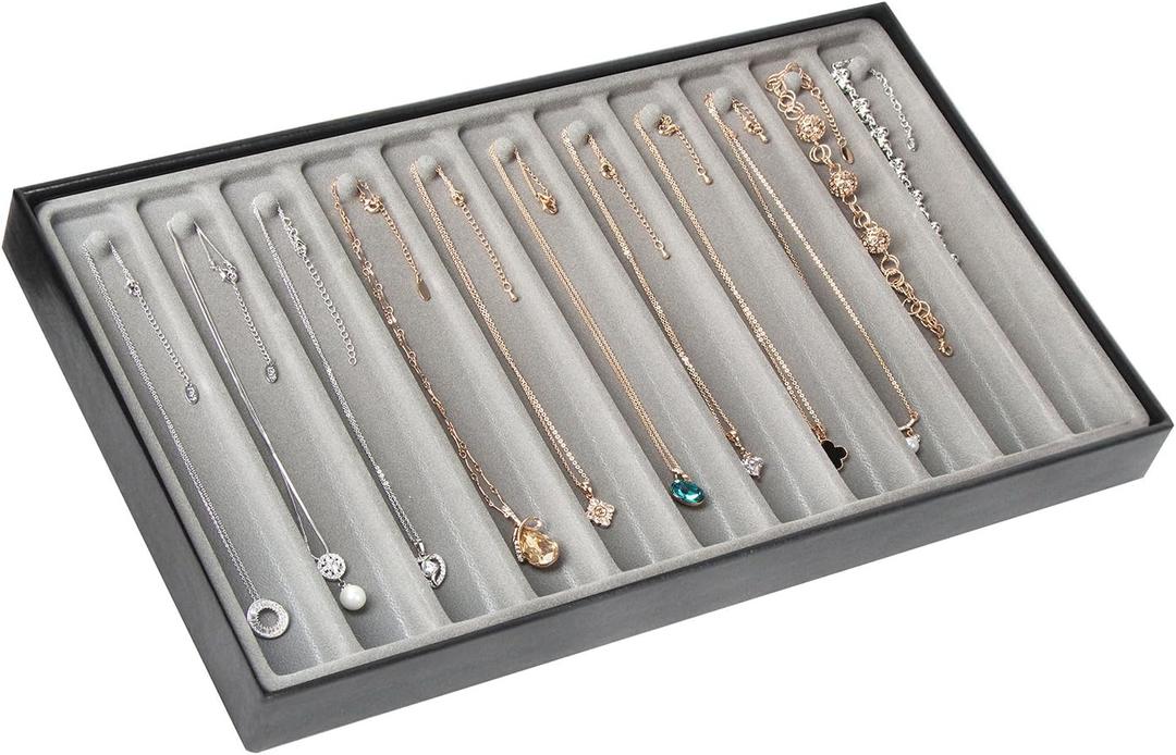 J JACKCUBE DESIGN 11 Compartments Stackable Leather Jewellery Tray Earring Necklace Bracelet Ring Organizer Display Storage Box(Set of 1, Black, 40.6 x 24.4 x 4 cm)- MK212-3B