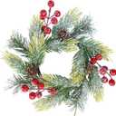 Winlyn 4 Pcs Artificial Snowy Pine and Berry Candle Rings Spruce Pine Candle Wreaths with Pinecones Christmas Pillar Candle Rings 9.6" for Holiday Season Winter Wedding Mantel Door Table Centerpiece