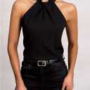 Women's Pleated Halter Neck Sleeveless Blouse Elegant Going Out Textured Tops (Black, L)