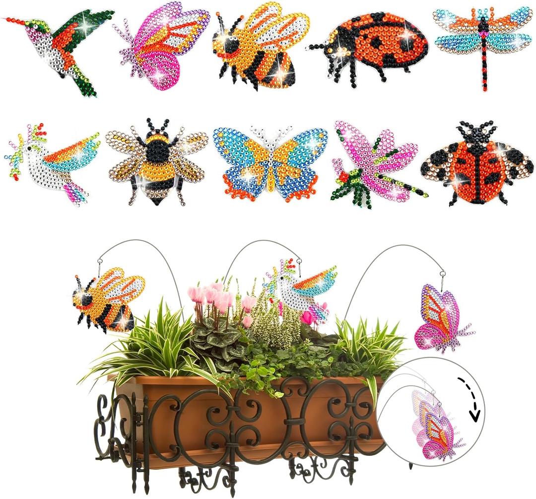LINGFANG 10 Pcs Diamond Art Swaying in The Wind, Diamond Art Kits for Adults, High Flexibility Iron Garden Stakes Decor, Diamond Art Painting Crafts for Beginners, Woman Gift (Insects)