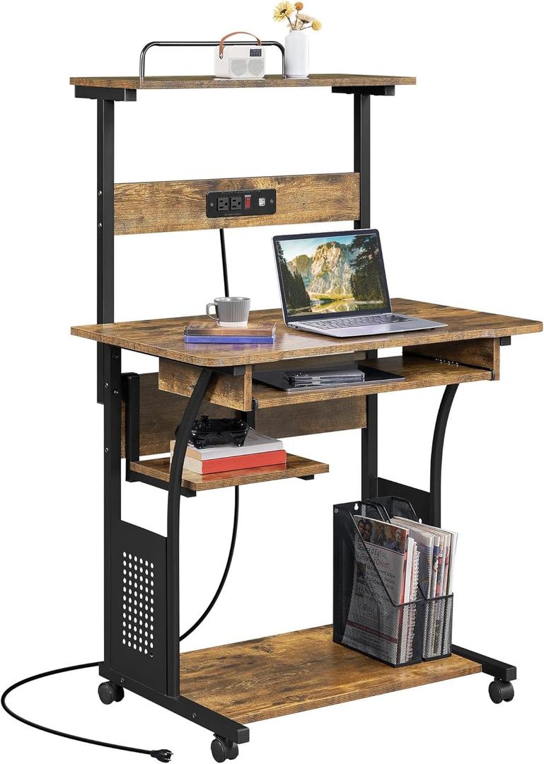 Yaheetech 3 Tiers Rolling Computer Desk on Wheels with Charging Station and Keyboard Tray, Mobile Home Office Desk PC Laptop Workstation with Power Outlet and USB Ports for Home Studying, Rustic Brown