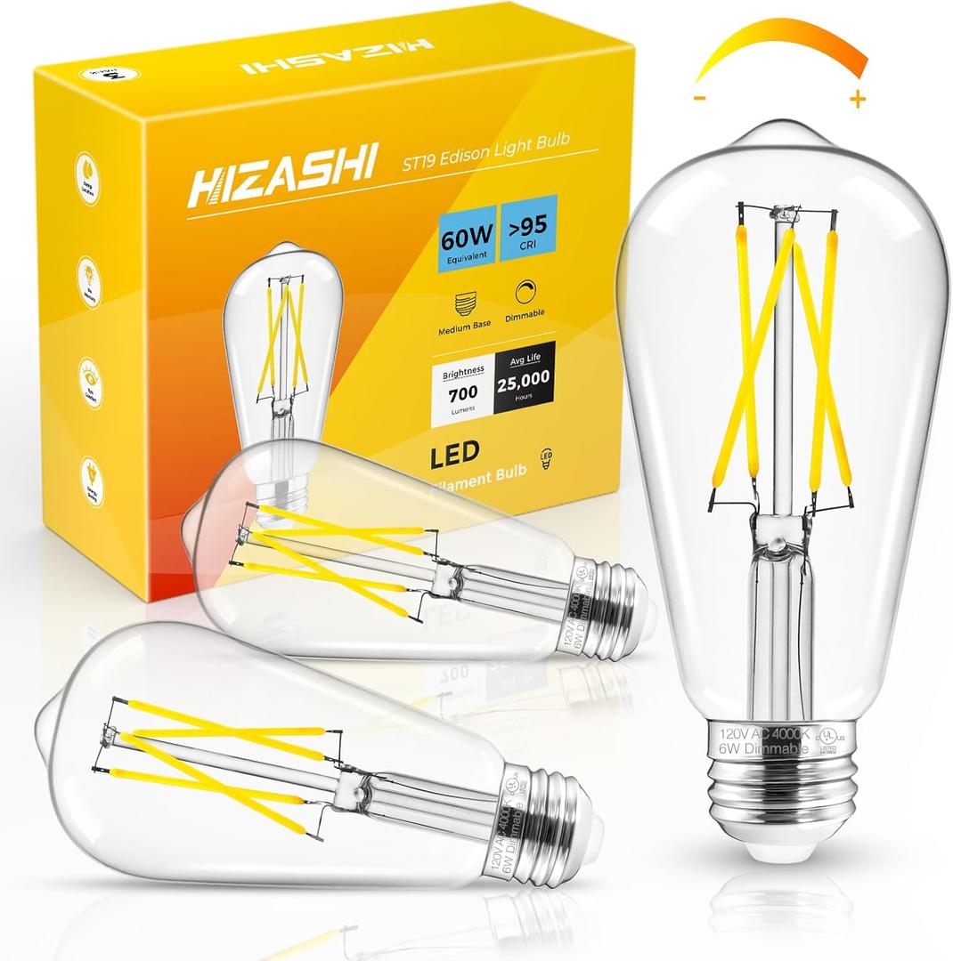 Hizashi E26 Edison Bulb 60 Watt LED, 4000K Dimmable Light Bulbs, ST19 Vintage Light Bulbs Cool White, 95+CRI, UL Listed,700 Lumens 6W E26 Medium Base, Clear Glass, Pack of 3