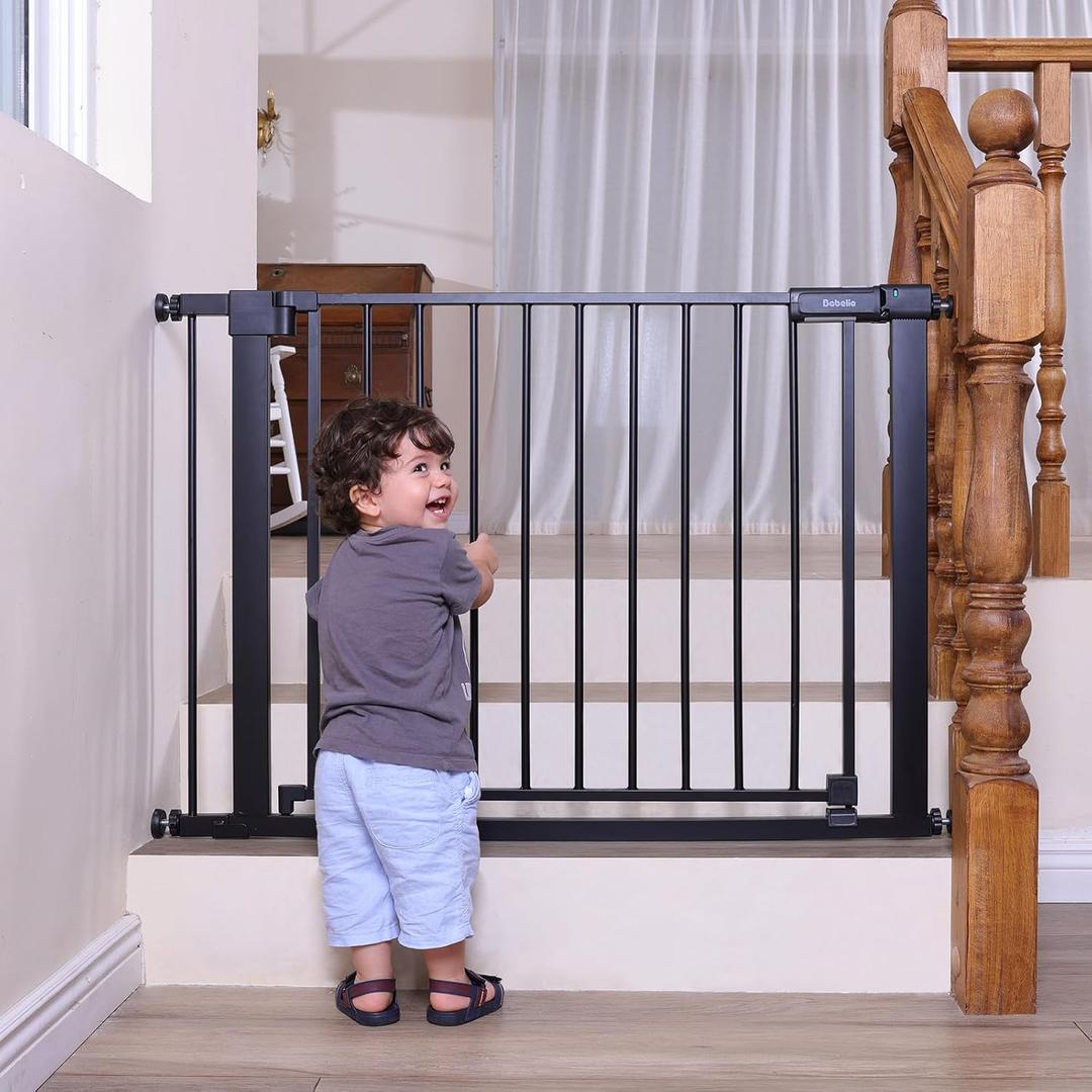 Babelio Baby Gate for Doorways and Stairs, 41-46" Pet Gate with Wide Walk Thru Door and Lock Indicator, No Drill Pressure Mounted Safety Gate with Double Lock and Self-Closing, Black