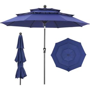 9 FT Outdoor Patio Umbrella, 3 Tier Market Table Umbrella with 8 Sturdy Fiberglass Ribs and 1.5 Pole, Smooth Button Tilt Patio Umbrella for Backyard Pool Garden, Blue(No Base)