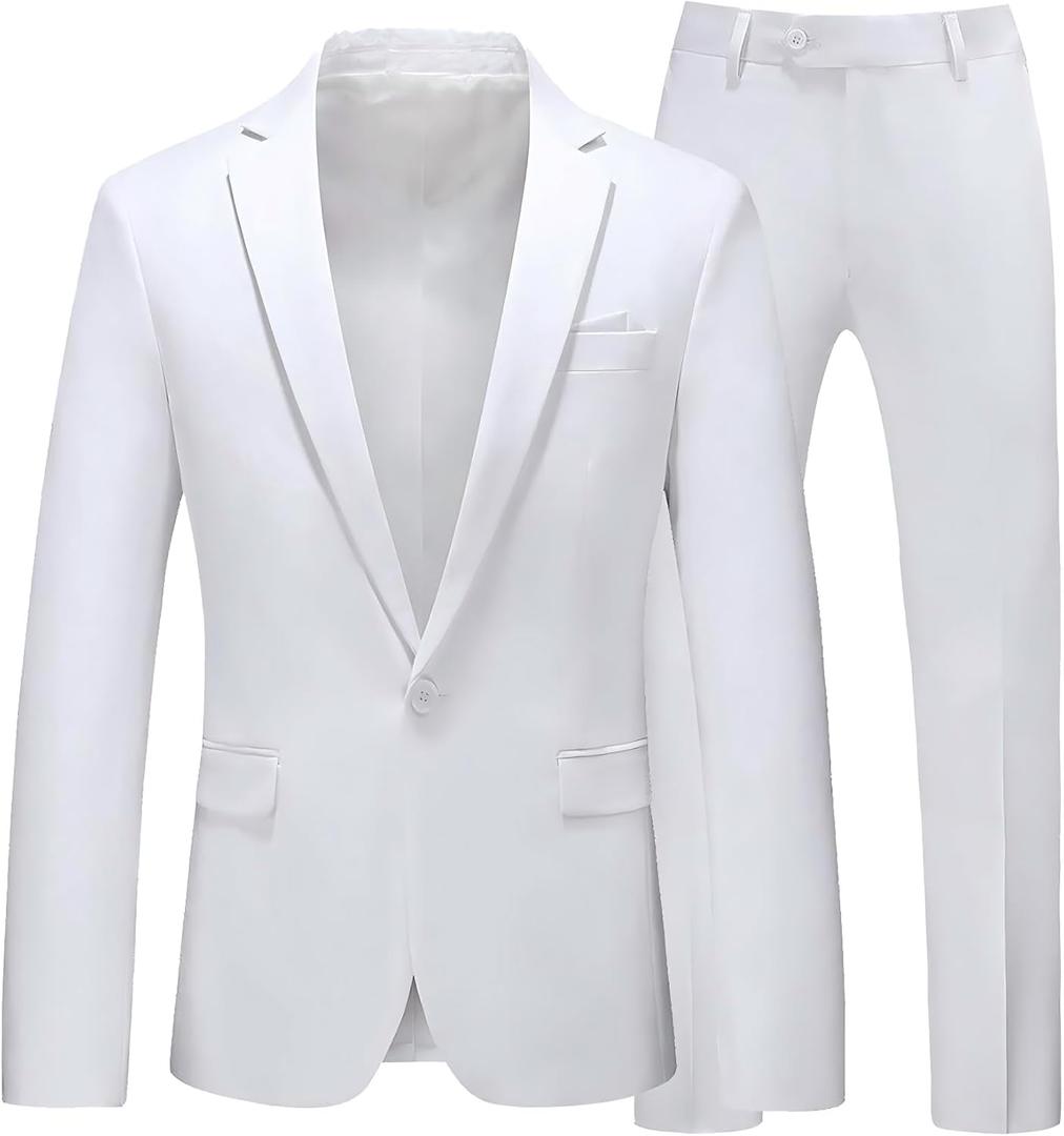 MOGU Men's Slim Fit 2-Piece Tuxedo Suit One-Button Jacket & Pants Set for Wedding, Prom, and Formal Events (White, XS)