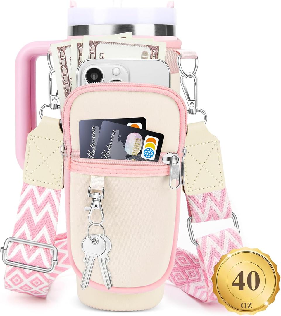 Water Bottle Carrier Bag with Strap for Stanley 40/30 oz Tumbler with Handle, Water Bottle Holder Pouch with Phone Pocket for Stanley Cup Accessories, fit Walking Hiking Travel (Cream&Pink)