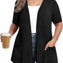ZHUHOUSE Women's Plus Size Lightweight Long Sleeve Casual Soft Open Front Cardigan 2026 Summer Cover ups with Pockets Size 2XL, Short SLeeve, Black