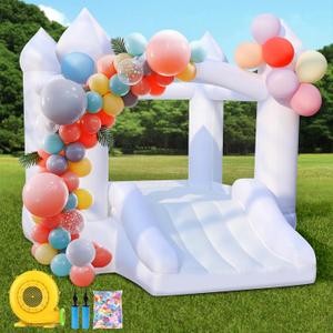 White Bounce House for Kids: Portable Inflatable Bouncy House with Blower for Indoor Outdoor Birthday Party, Wedding - Small Bouncy Castle with Slide and Storage Bag for Kids 3-6