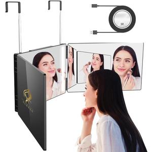 Three Way Mirror for Braiding Hair LED Lighted Trifold 360 Mirror for Women for Braiding Haircuts for Men Self Cut Shaving Barber Hair Cutting Tools (Black With Led)