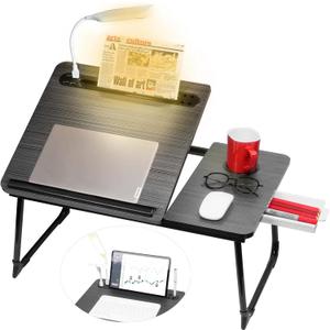 Plus XL Adjustable Laptop Desk with Light, USB Port, iPad Holder, Drawer Storage - Larger 23.6IN Adjustable Lap Desk for Bed, Home Office, Breakfast Tray, Fordable Legs Desk (Black)