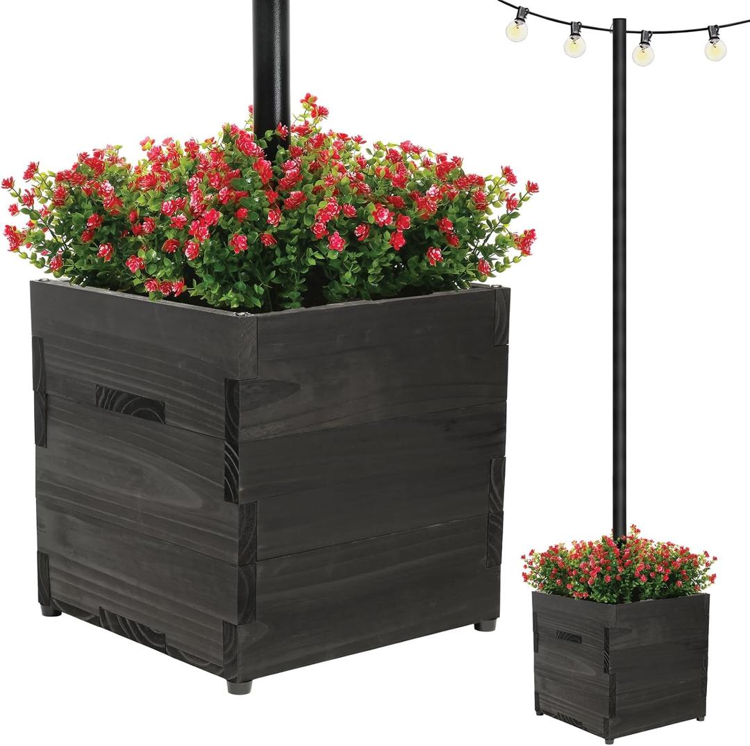 Extra Large Decorative Wooden Planter with Universal Pole Support for String Light Poles, Umbrellas, Bird Feeders. Solid Wood Outdoor Garden Patio Box for Plants or Flowers, 17"x17"x18", Black (Extra Large)