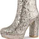 Perphy Glitter Platform Round Toe Chunky Heels Ankle Boots for Women (7.5, Silver)