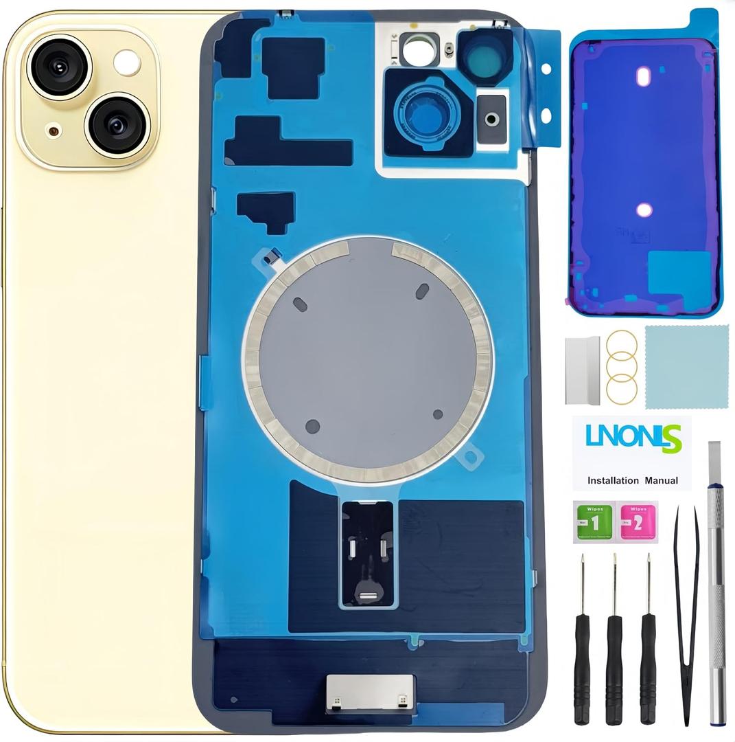 15 Plus Back Glass Replacement for iPhone 15 Plus Rear Back Cover Glass Waterproof and Camera Lens+Professional Repair Tool Kit (Yellow)