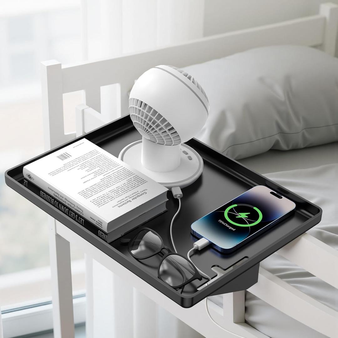 Bedside Shelf for Dorm Bunk Bed, Clip On Nightstand, Bed Side Table Tray Organizer, College Dorm Room Essentials for Girls/Guys, Bedside Tray with Cable Management for Dormitory, Back to School (Black)