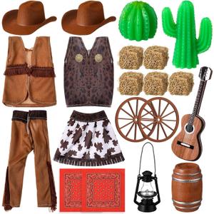 20 Pcs Christmas Elf Cowboy Costume Set for Kids Western Cowgirl Clothes Accessories Holiday Elf Outfits with Lantern Wheel Hay Bales Cactus Guitar for Xmas Party Decoration