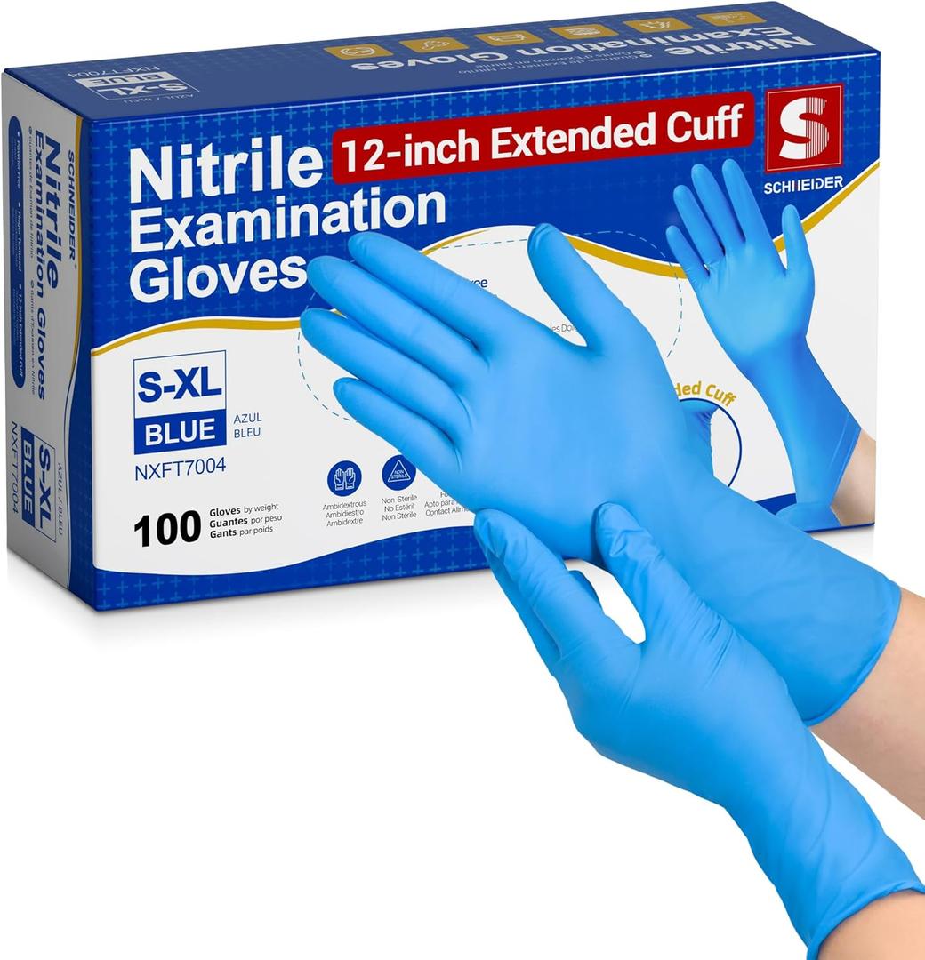 Schneider Nitrile Exam Gloves, Extended 12 Inches Cuff, Large, 4 mil, 100-ct Box, Gloves Disposable Latex Free, Powder Free for Medical, Food Prep, Cleaning, Cooking, Blue
