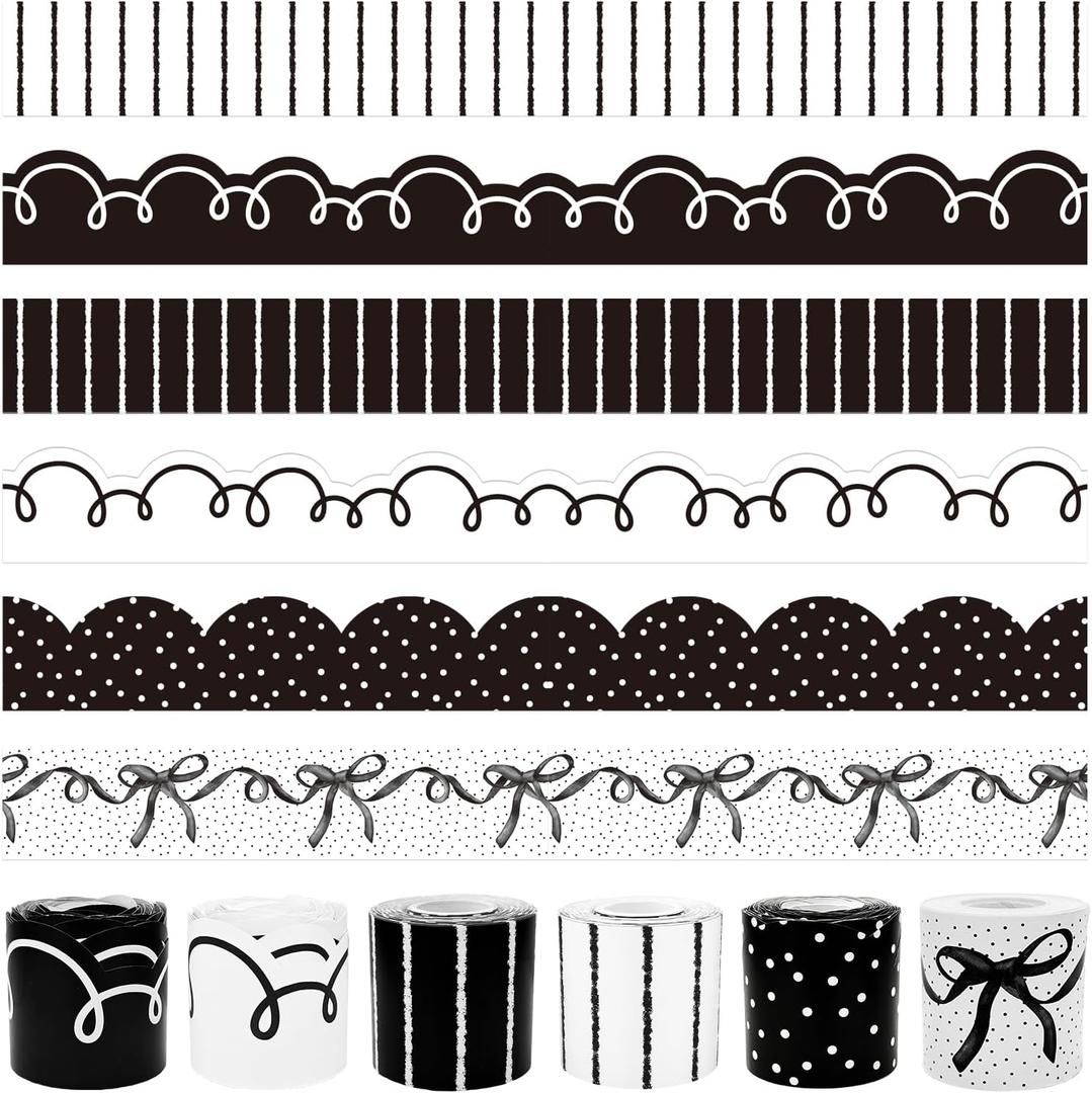 236 Feet Back to School Bulletin Board Borders Set, Black and White Scalloped Classroom Decorations, Bow and Polka Dots Rolled Border Trims for School Teacher Supplies, Classroom Wall Decals