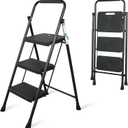 Step Ladder, Portable Steel Folding Step Stool with Wide Anti-Slip Pedal & Convenient Handgrip, Sturdy Steel Ladder, 3-Step, Black