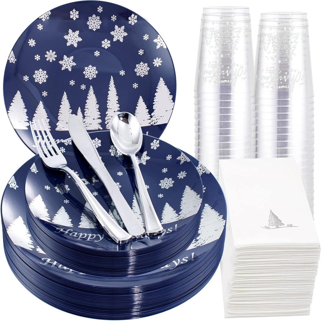 Hioasis 175PCS Christmas Plastic Plates - Blue and Silver Disposable Plastic Plates Include 25Dinner Plates-25 Dessert Plates-25 Forks-25 Knives-25 Spoons-25 Cups and 25 Napkins Perfect for Christmas