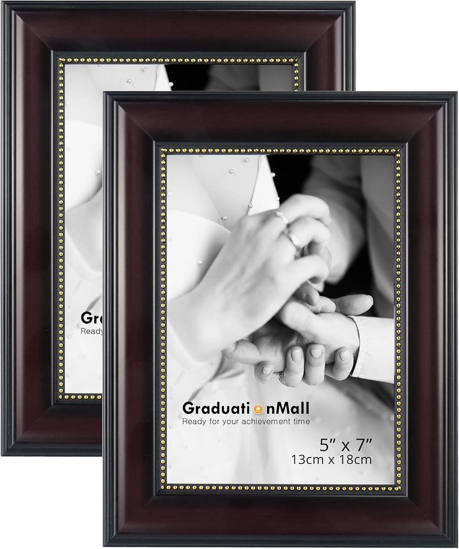 GraduationMall 5x7 Picture Frames, Real Glass, Display Photos for Wall or Tabletop, Mahogany with Gold Beads, 2-Pack