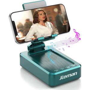 JTEMAN Cell Phone Stand with Wireless Bluetooth Speakers,Angle Adjustable Strong Pedestal Phone Stand for Desk,HD Sound and Bass Bluetooth Speaker Compatible with All Mobile Phones(Green)