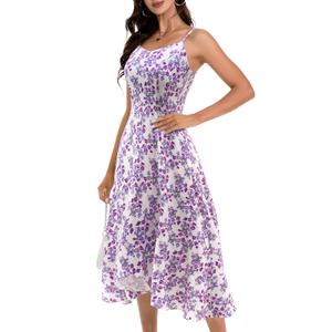 DRESSTELLS Women's Floral Wedding Guest Dress, Spring Easter Flowy Aline Midi Formal Mesh Boho Dresses for Tropical Summer Beach Party 2026 Purple Florl, Large