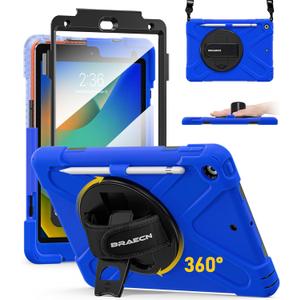 BRAECN for iPad 9th/8th/7th Generation Case,Heavy Duty Shockproof Case with Screen Protector, Pencil Holder, Pencil Cap Holder, Hand Strap, Kickstand,Shoulder Strap for iPad 10.2 Inch 2021/2020/2019 (Blue)