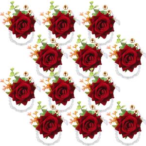 Sherr Set of 12 Rose Wrist Corsages for Wedding Corsage Flower Wristlet Floral Wedding Wrist Bridal Rose Leaf Hand Flowers for Bride Bridesmaid Prom Engagement Festival(Wine Red)