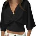 GORGLITTER Women's Dolman 3/4 Length Sleeve Cinched Waist Tops Ruched V Neck Blouses Summer Vacation Going Out Outfits, Black, Medium