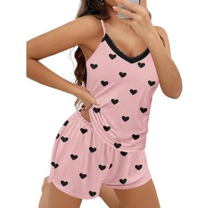 Ekouaer Pajama Sets for Women 2 Piece Soft Lingerie Sleepwear Cute Print Cami Pj Shorts Set Lace Nightwear (Medium, Black Heart)