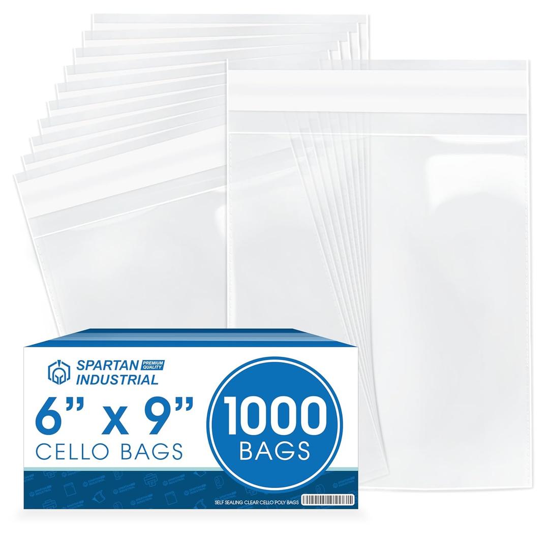 Spartan Industrial - 6" X 9" (1000 Count) Resealable Adhesive Crystal Clear Cello Poly Bags for Packaging, T Shirts, and More - Self Seal & Reinforced