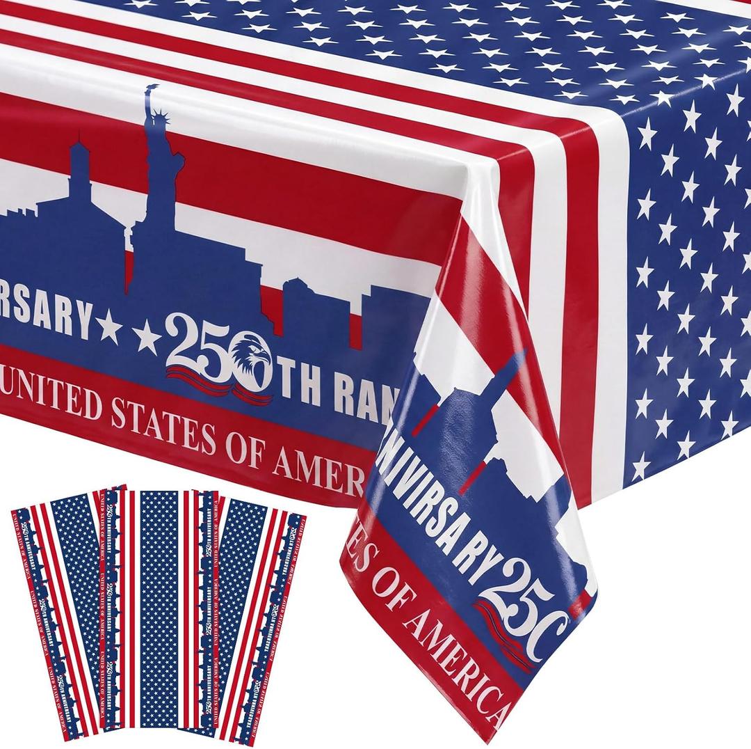 Fanfanwin 3pcs 4th of July USA Plastic Tablecloth for 250th Anniversary, 54x108 Disposable American Flag Tablecloths, Party Table Cloth for Independence Day, Veterans Day, Dinner, Party Supplies