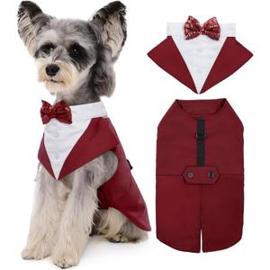 Kuoser Dog Tuxedo Dog Suit and Bandana Set, Dogs Tuxedo Wedding Party Suit, Doggy Prince Bow Tie Shirt Formal Pet Wedding Attire for Large Medium and Small Dogs Golden Retriever Samo Bulldogs (Small (pack of 1),  Red)