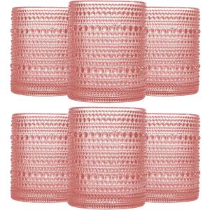 Pink Vintage Hobnail Drinking Glasses Set of 6, Embossed Water Tumbler 12oz, Kitchen & Bar Beaded Glass Cups, Beverage Glass Cups for Water, Beer, Juice, New Year gifts