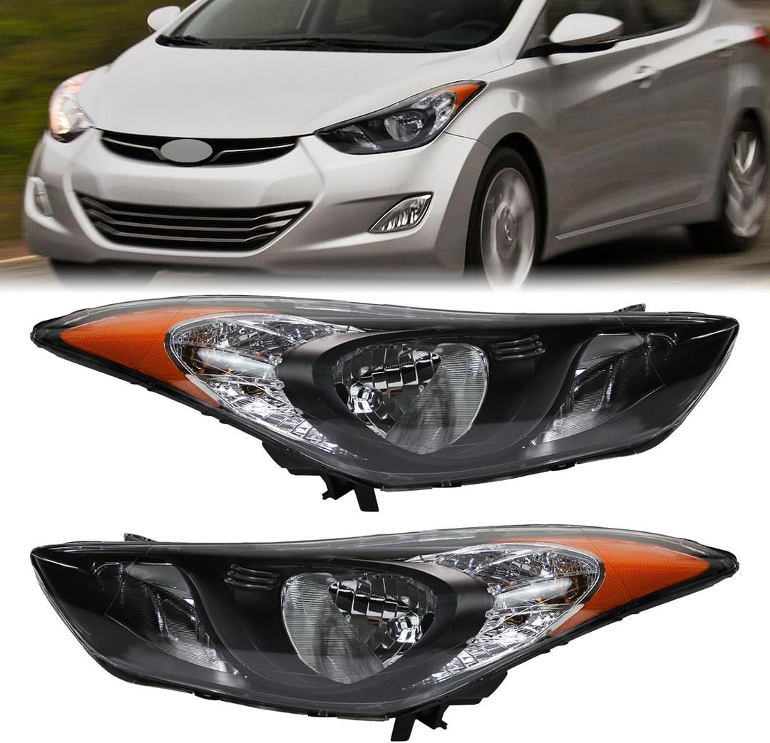 Headlight Headlamps Assembly Compatible with 2011-2013 Hyundai Elantra US Built 92101-3Y000, 92102-3Y000 Direct Replacement (Black Housing)