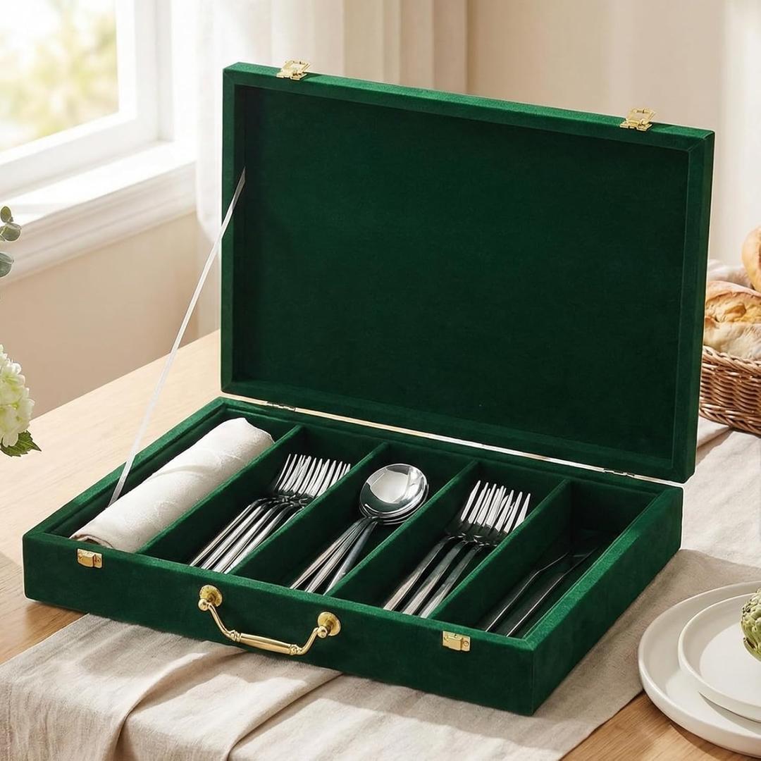 Pickmesh Silverware Case with Lid and Handle, Silverware Storage Box Sterling Silver Flatware Chest Without Silver Tarnish Proof Utensils Organizer for Kitchen Decor Wedding Gifts(Emerald,1 Layer)