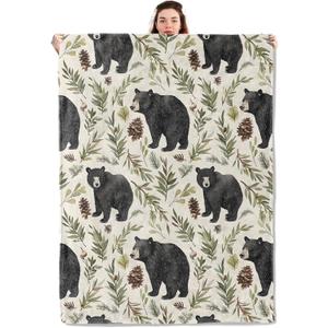 Bear Forest Blanket Lightweight Blankets Gifts for Animal Lover Flannel Throw with Black Wildlife and Woodland Leaf Printed for Sofa, Bed, Travel, Office, Rustic Decor Throws 60x50 Inch