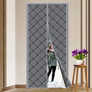 Magnetic Thermal Insulated Door Curtain Fits Door Size 32" x 80" Thicken Nylon Cotton Temporary Magnet Closure Thermal Door Cover Size W34 x L81 inch Weatherproof Windproof Soundproof, Grey, Pack 2