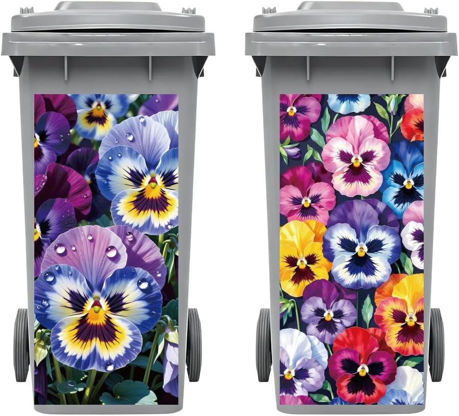 Peacoblue Wheelie Bin Stickers 2 Sheets Pansy Flower Sticky Dustbin Stickers Decals, 15" x 32" Waterproof Large Wraps for Trash Cans Bins Fridges Door Wall Garden Outdoor Indoor Patio Decor