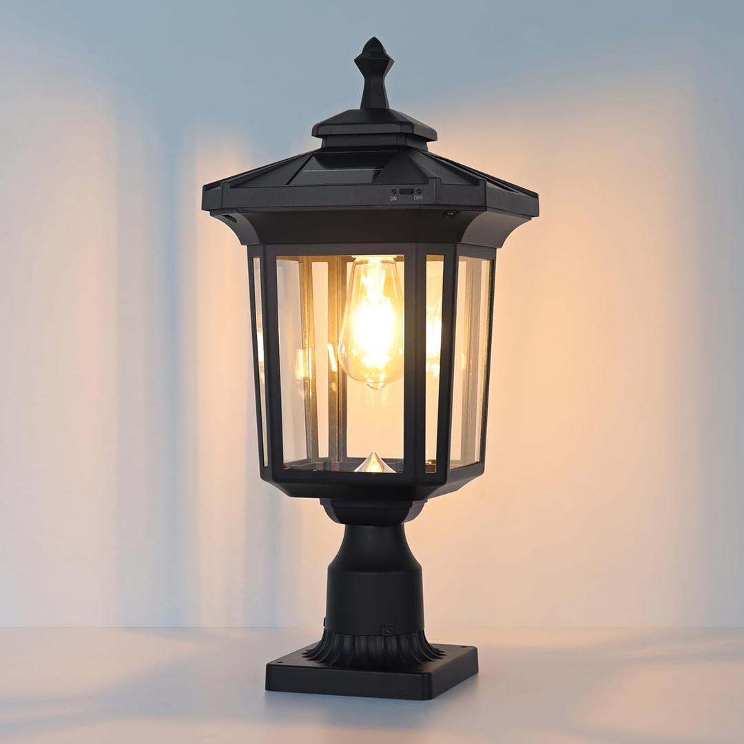 Solar Post Light Outdoor, ST4346Q Dusk to Dawn Solar Lamp Post Light with Pier Mount Base Bright Sandy Colored Bulb, Waterproof Aluminum Fence Pole Lights for Gates Yard Path Garden