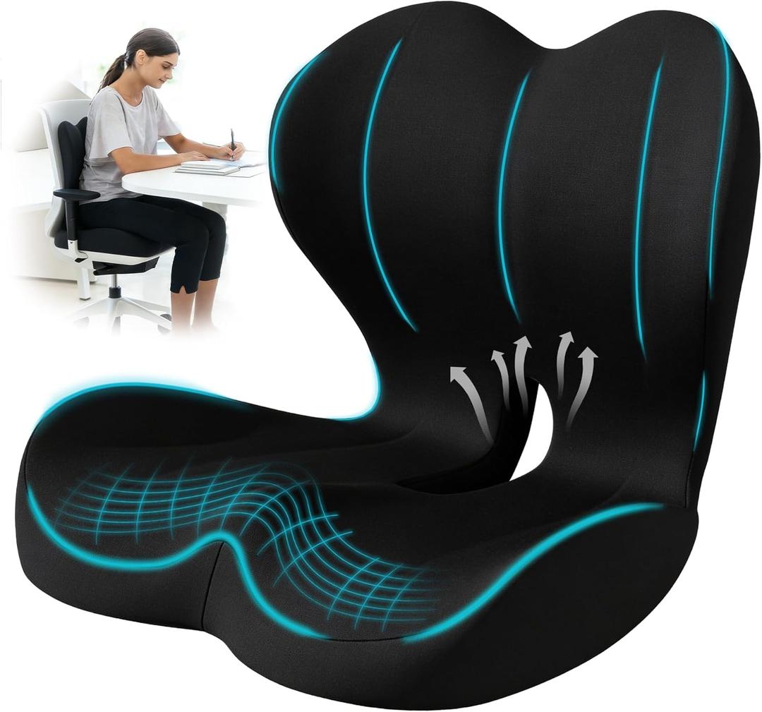 Seat Cushion for Office Chair and Car, Lumbar Support Pillow for Office Chair, Memory Foam Ergonomic Seat Cushion for Long Sitting, Back & Tailbone Pain, Sciatica - Black, Large