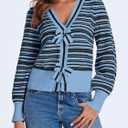 Saodimallsu Womens Striped Cropped Sweaters V Neck Cute Bow Tie Puff Sleeve Loose Knit Trendy Pullover Sweater (Small, Blue)
