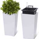 GarveeLife 22.5 in Tall Planters Set of 2, OutdoorIndoor Black Planter Pots, High Front Porch Planter Pots with Drainage HolesWater Level MonitorInner Bucket, Automatic Watering, White