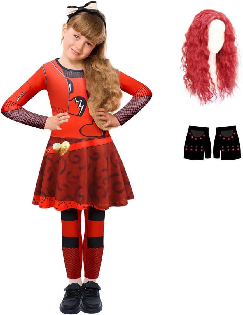ROSEZUZU Red Costumes Girls with Wigs Rise Red Birthday Outfits Party Costume Bodysuit with Skirt Girls Dress Up with Gloves, Size: 7-8Y