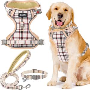 GAMUDA Dog Harness Collar and Leash Set, Dog Harness, No Chock No Pull Adjustable Vest Harnesses Plaid Reflective for Medium Dog, Cat, Small Horse, Small Bull and Pig (Beige, M)