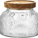 ANSQU Vintage Glass Food Storage Jar, Glass Jar with Wooden Lid, 25.4 FL OZ Decorative Glass Jar for Home Kitchen, Holds Coffee, Candy, Cookie, Sugar (Large Flower)