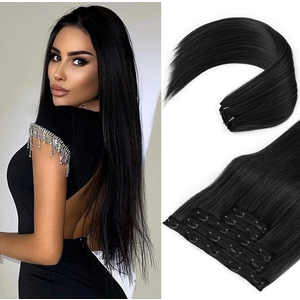 REECHO Clip in Hair Extensions, 24” Hair Extensions 5PCS Thick Long Straight Lace Weft Lightweight Synthetic Hairpieces for Women, Brown Black