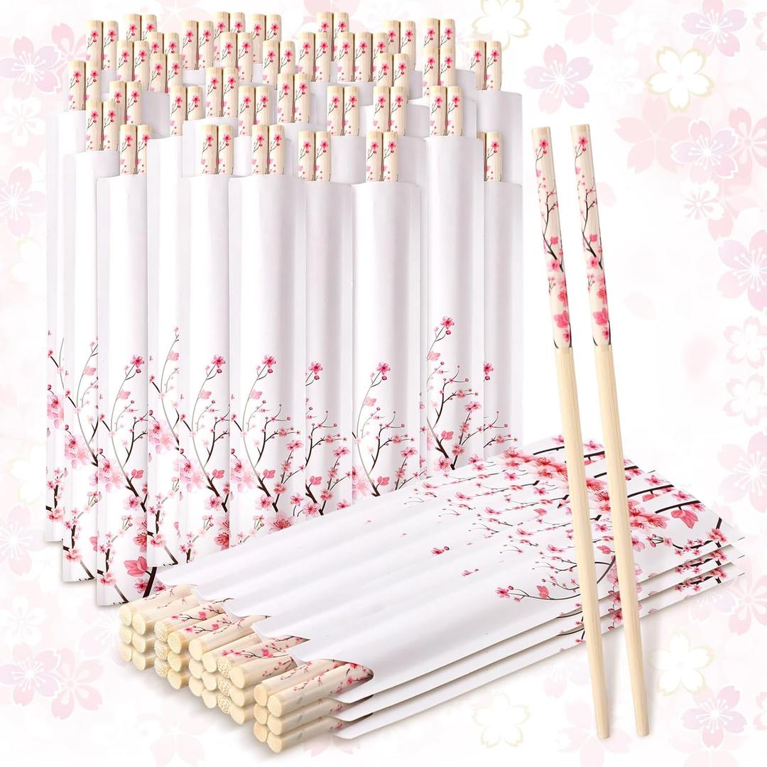 50 Pairs Cherry Blossom Chopsticks Bulk with Sleeved Blue Flower Disposable Bamboo Eucalyptus Chopsticks Wedding Favors Chinese Japanese Food Supply for Takeout Picnic(Cherry)
