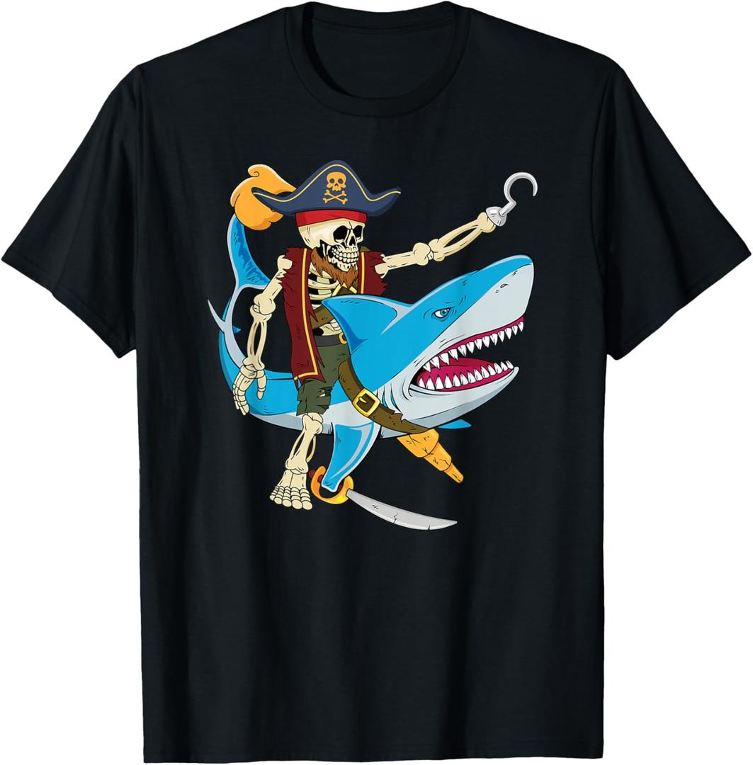 Skeleton Pirate Riding Shark Halloween Kids Boys T-Shirt (Red, M)